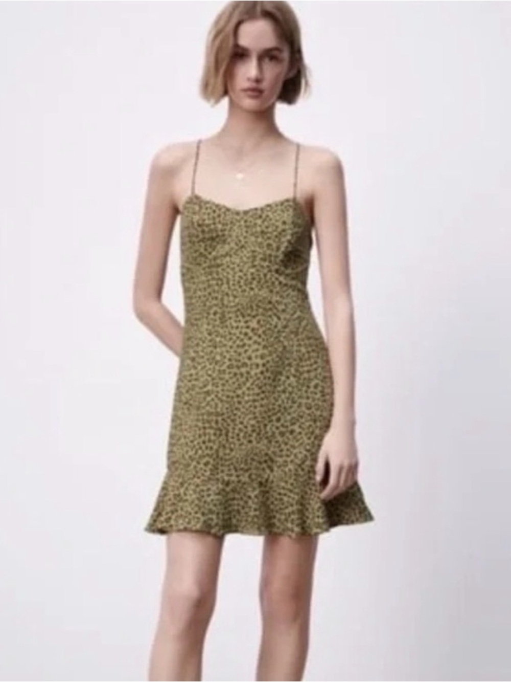Zara Olive Green Leopard-Print Slip Dress with Ruffle Hem